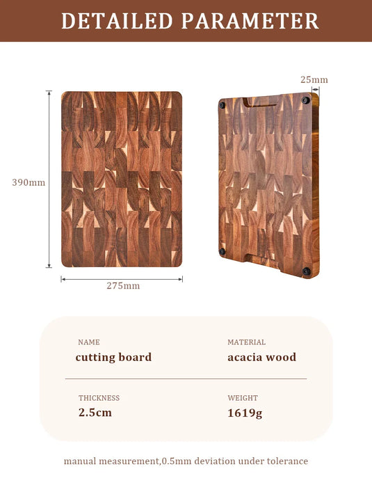 15-inch End Grain Acacia Rectangular Chopping Board with Side Handle (390×275×25mm)