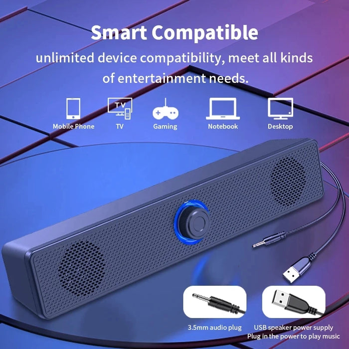 Portable Soundbar Speaker — Bluetooth 5.3 & Wired AUX, USB-powered, 2.0 Stereo