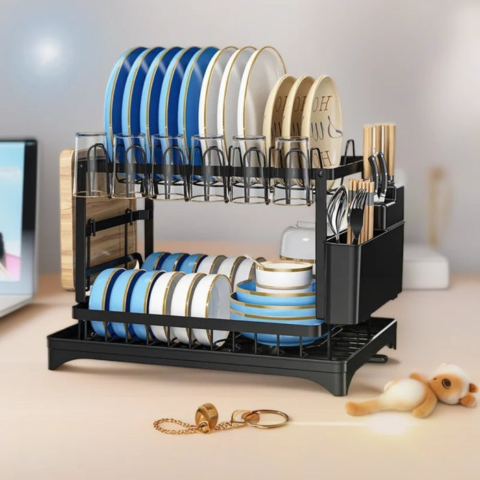 Double-layer Stainless Steel Kitchen Drain Rack for Tableware, Chopsticks and Cutting Boards (White or Black)