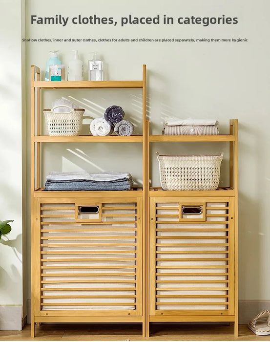 Adjustable Bamboo Laundry Hamper & Bathroom Rack with Pull-Out Shelves