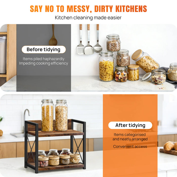 2-Tier Wood & Metal Spice Rack — Countertop Shelf Organizer