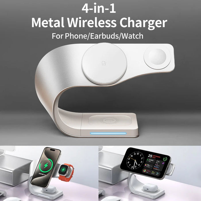 4-in-1 Magnetic 15W Metal Wireless Charging Station – Phone, Watch & Earbuds