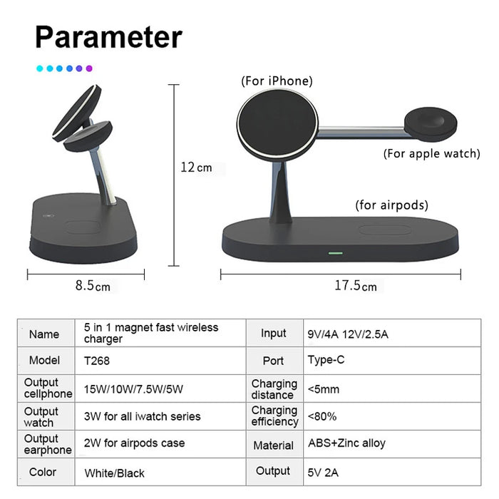 3-in-1 Magnetic Wireless Charger Stand for iPhone 12–17, Apple Watch Series 4–10 & AirPods (Qi)