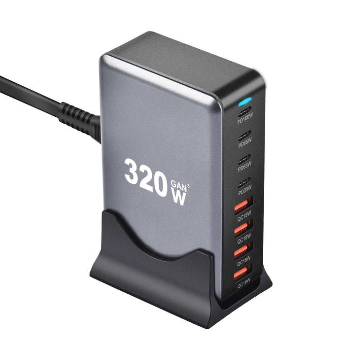 320W GaN Desktop Charger — 8‑Port USB‑C & USB‑A PD Station (Model 4C4A)