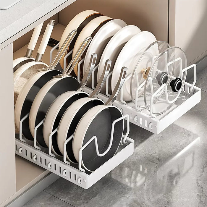Pull-Out Pots & Pans Organiser — Sliding Lid Holder & 8-Compartment Kitchen Rack (White/Black)
