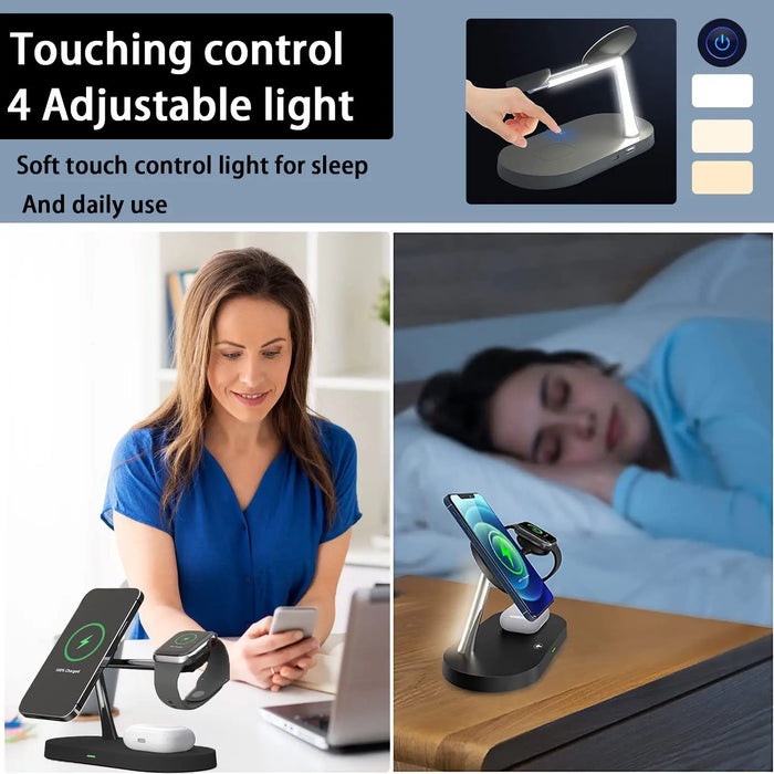 3-in-1 Magnetic Wireless Charger Stand for iPhone 12–17, Apple Watch Series 4–10 & AirPods (Qi)