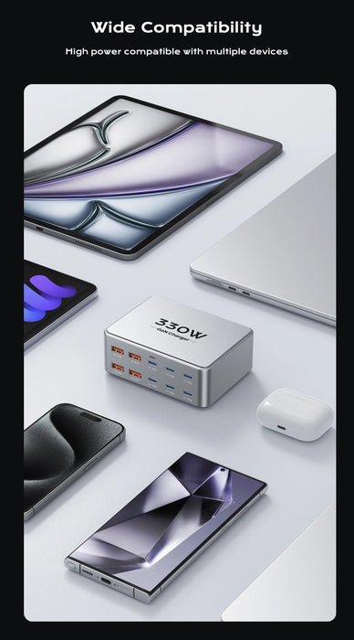 330W 10‑Port GaN USB‑C Charger — Dual 100W PD3.0/PPS Fast Charging Station