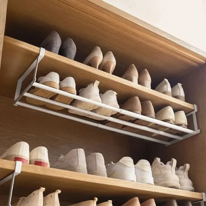 Telescopic Under-Shelf Shoe Rack — Space-Saving Double-Tier Organiser (White)
