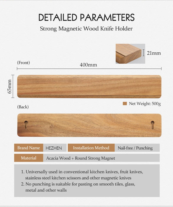 Magnetic Knife Holder 400mm — Acacia Wood Kitchen Rack (Holder Only)