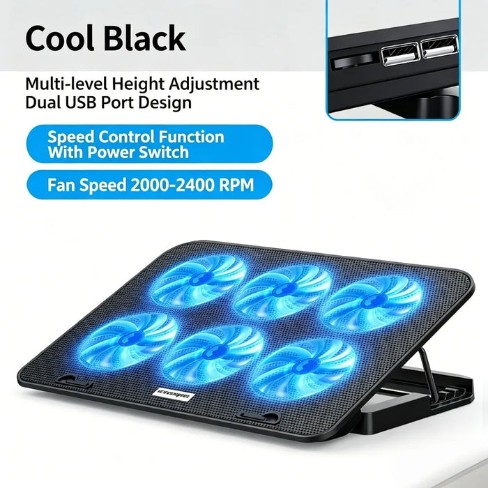 6-Fan Laptop Cooling Pad — 5-Level Adjustable Stand for 12–18-inch Laptops, Quiet USB Powered
