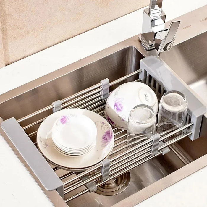 Adjustable Stainless Steel Extension Sink Rack — Foldable Dish & Fruit Drainer