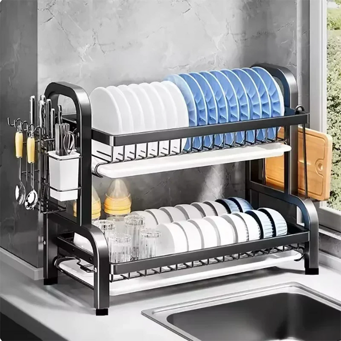 2/3-Tier Stainless Steel Dish Rack with Utensil Holder — Compact Rustproof Countertop Drainer