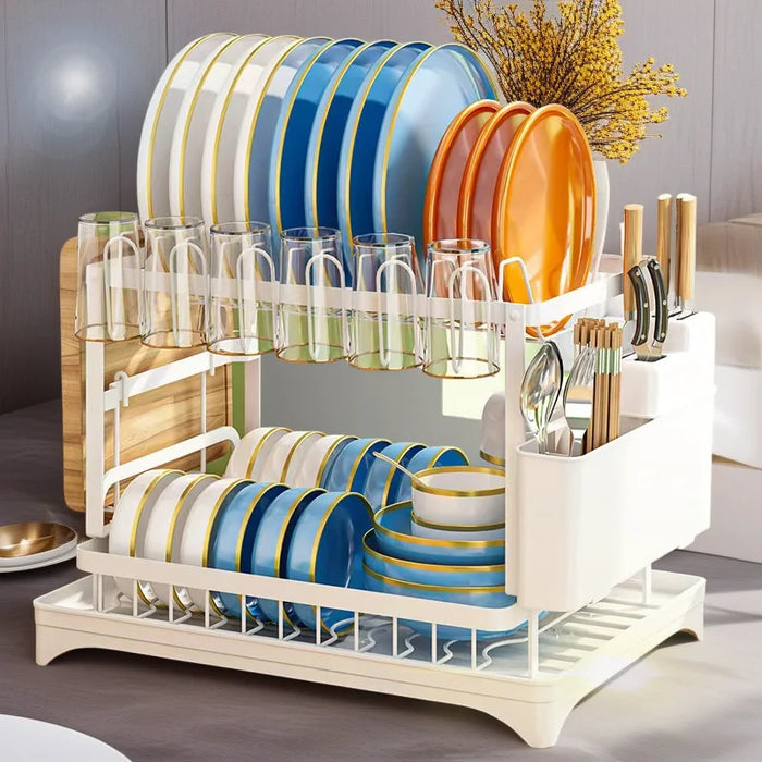 Double-layer Stainless Steel Kitchen Drain Rack for Tableware, Chopsticks and Cutting Boards (White or Black)