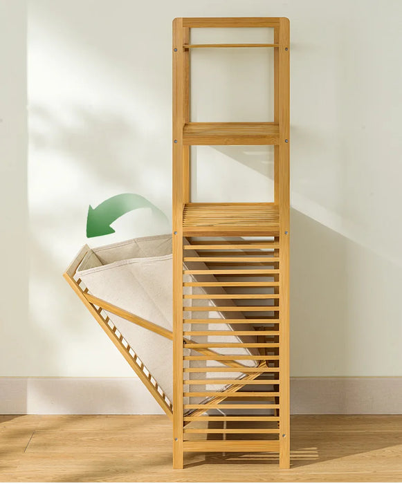 Adjustable Bamboo Laundry Hamper & Bathroom Rack with Pull-Out Shelves