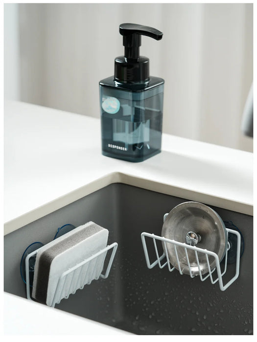 Stainless Steel Suction Cup Sponge Holder — Sink Caddy (Grey Silver / Black)