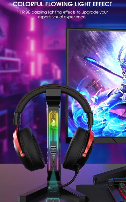 RGB Headset Stand with Sound‑Activated Lights and USB Dock