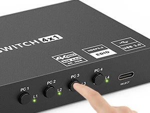 8K / 4K HDMI KVM Switch 4‑Port USB 3.0 — 4‑in‑1 Out with EDID Emulator & Wired Remote