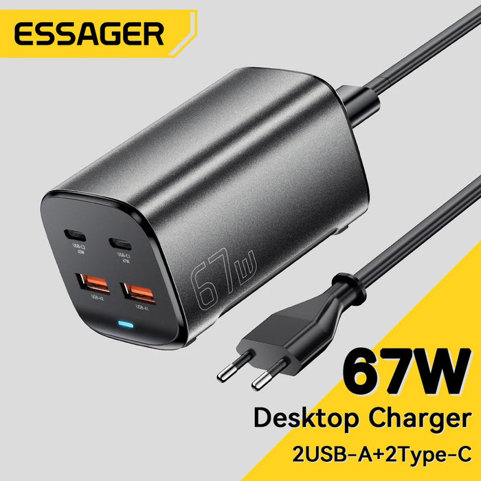 67W GaN USB‑C Desktop Charger — PD/QC Fast Charging, 2C+2A Ports for MacBook, Samsung, iPhone 15