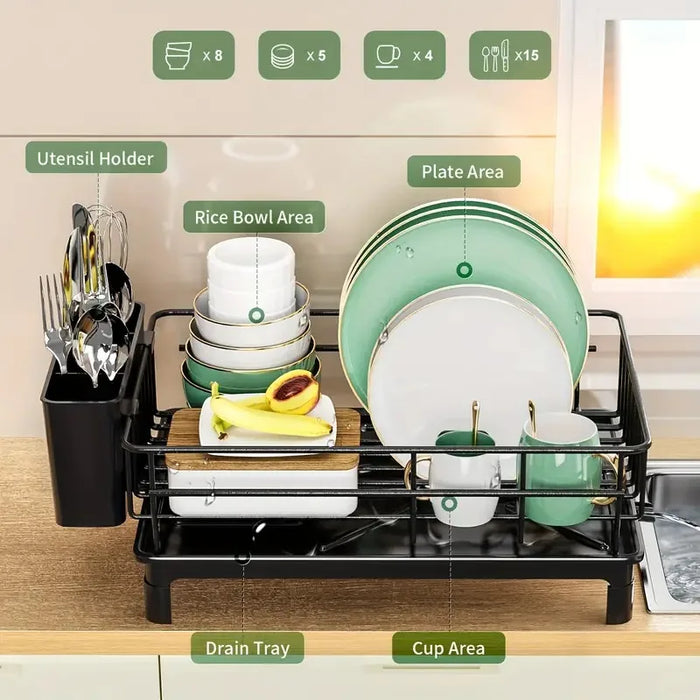 Rustproof 1-Tier Dish Drying Rack with Utensil Holder & Drain Board — Countertop Organiser (Black)