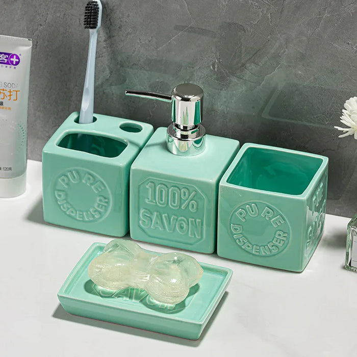 Ceramic 4-Piece Bathroom Organiser Set — Soap Dispenser, Lotion Bottle, Toothbrush Cup & Soap Dish