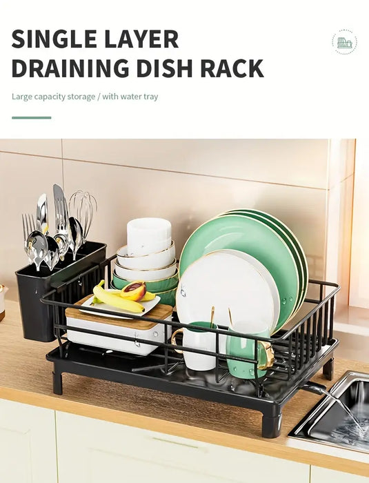Rustproof 1-Tier Dish Drying Rack with Utensil Holder & Drain Board — Countertop Organiser (Black)