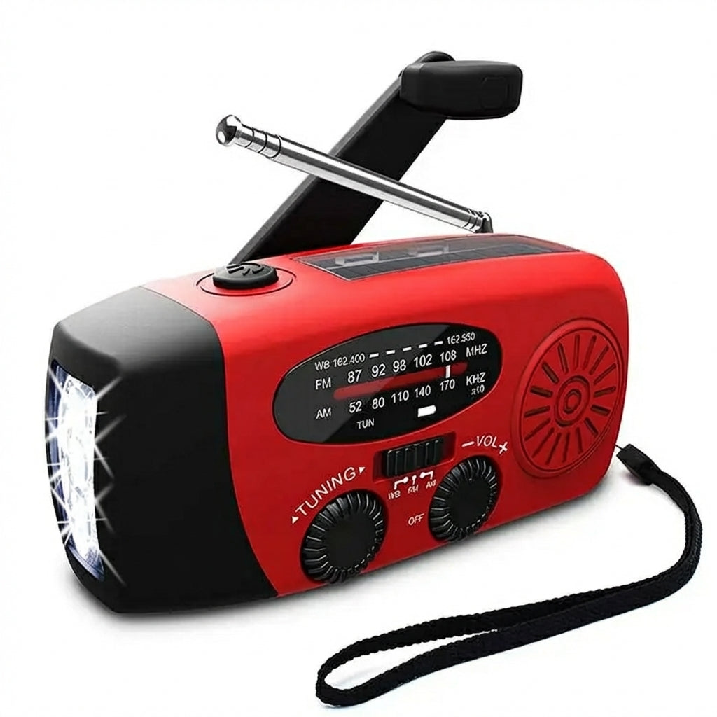 Rotes Notfallradio mit sichtbarer Klappkurbel, Solarpanel und Teleskopantenne