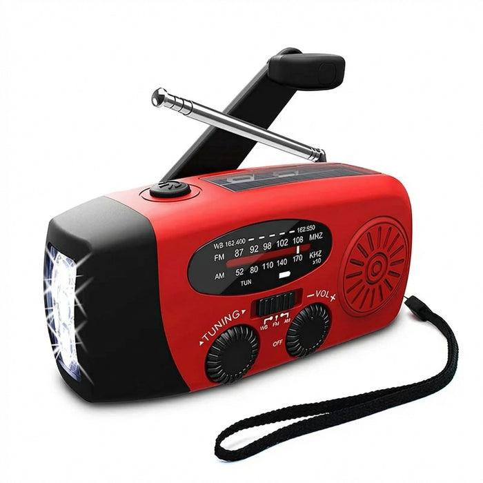 Portable Hand-Crank Solar Emergency Radio — NOAA/AM/FM with LED Torch & Power Bank (Red)
