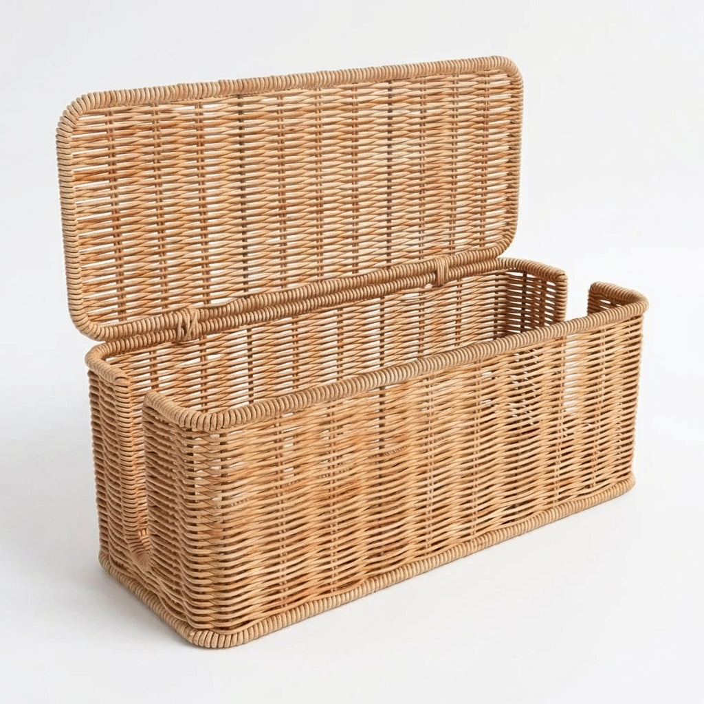 Rattan Cable Management Box – Hand‑woven Cord Organiser, 2‑Slot, Large Capacity (Khaki)