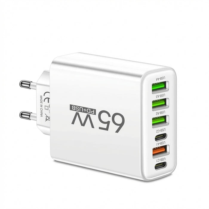 65W 6-Port USB PD Charger – 2x USB‑C PD + 4x USB Fast Wall Charger (EU/US)