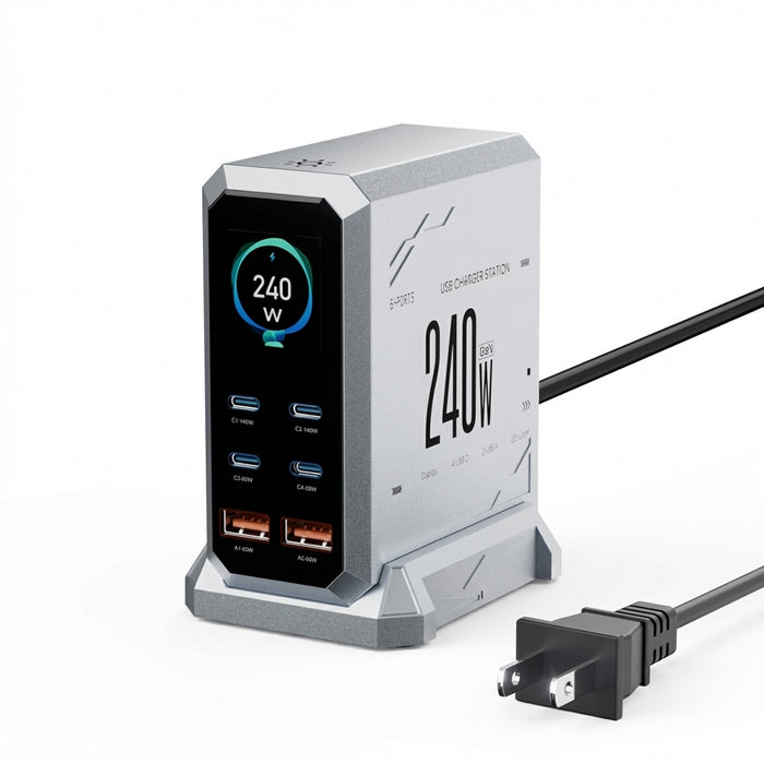 240W GaN 6-in-1 Charger — 140W PD3.1, Digital Display & Ambient Light (USB‑C / USB‑A)