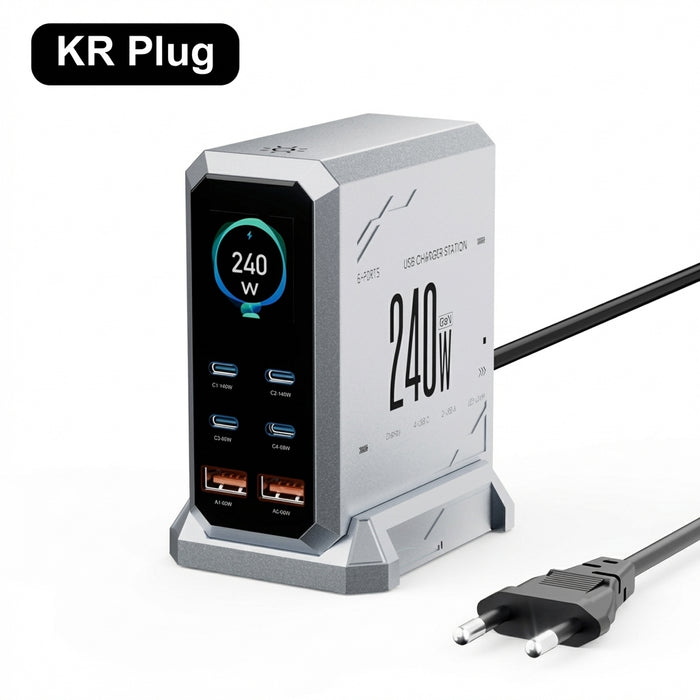 240W GaN 6-in-1 Charger — 140W PD3.1, Digital Display & Ambient Light (USB‑C / USB‑A)