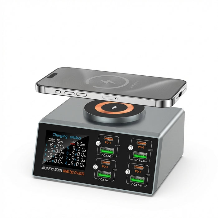 140W 8‑Port GaN Fast Charger Station with Qi2 Wireless Pad — Travel & Home