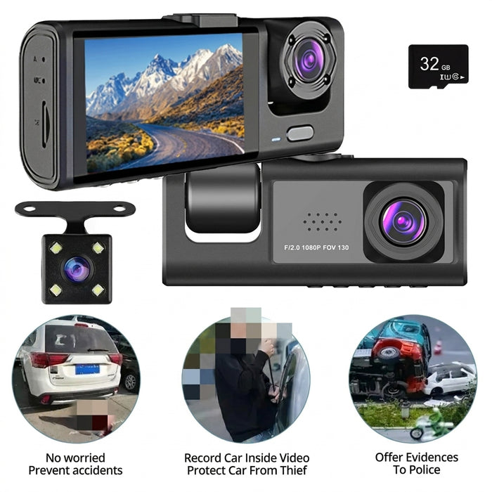 Dash Cam 1080p Full HD with IR Night Vision, 2-inch IPS Screen — 2- or 3-Camera DVR