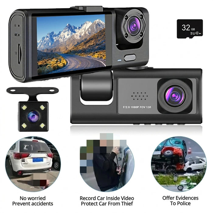Dash Cam 1080p Full HD with IR Night Vision, 2-inch IPS Screen — 2- or 3-Camera DVR