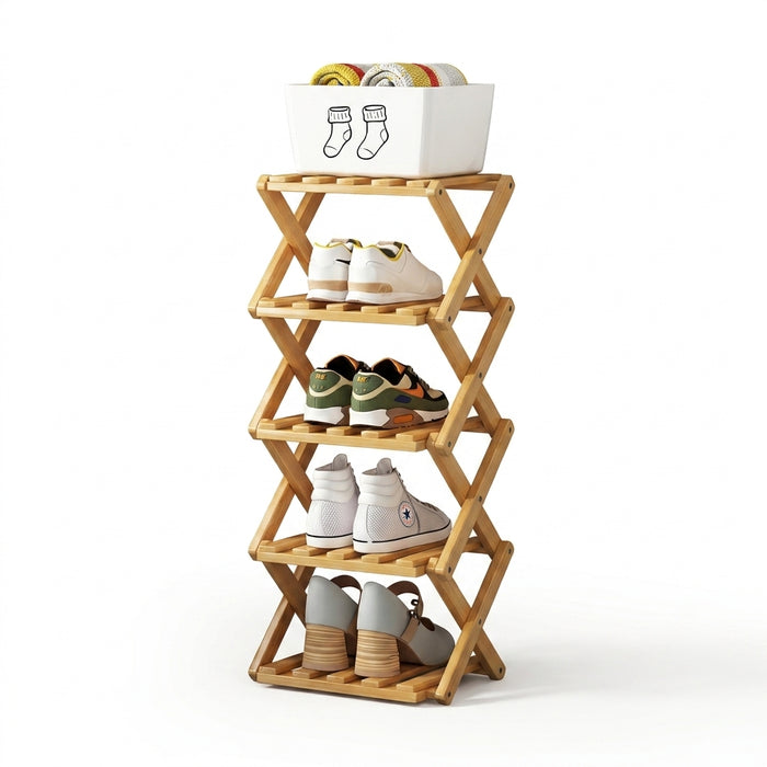 Bamboo Foldable Shoe Rack — Narrow Freestanding Shelf, 4/5/6-Tier for Hallway & Bedroom