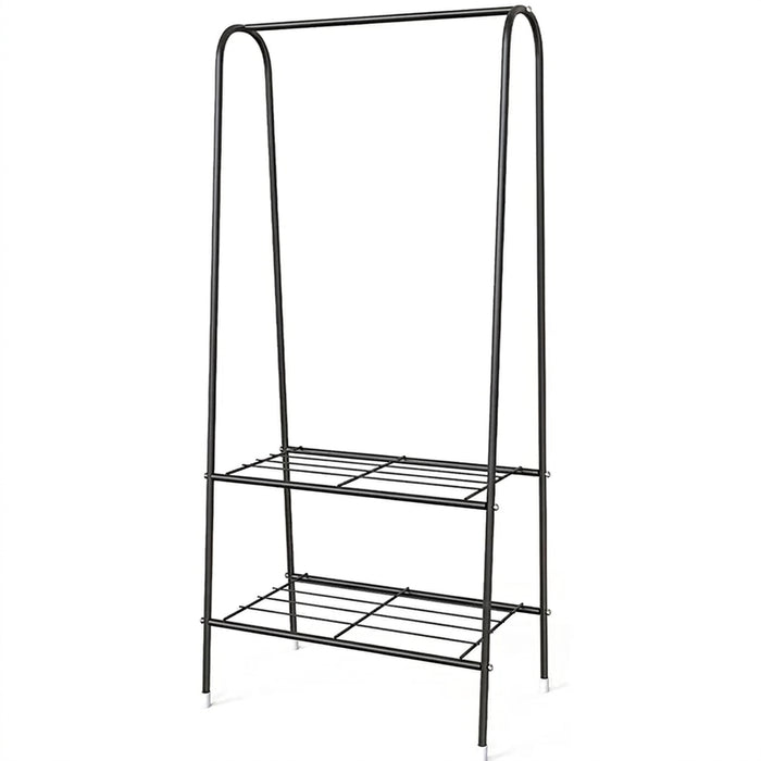 Double-Rail Standing Clothes Rack with Shoe Shelf – Metal Rail for Bedroom & Living Room