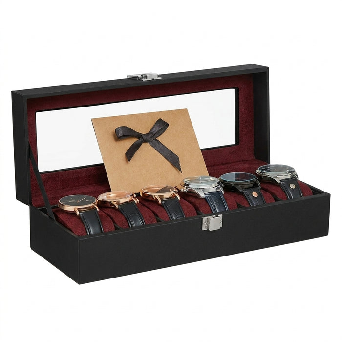 Watch Box for 6 Watches with Glass Lid and Removable Pillows