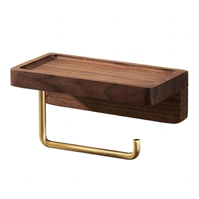 Wall-Mounted Toilet Roll Holder with Wood Shelf and Brass Fittings – Single Roll