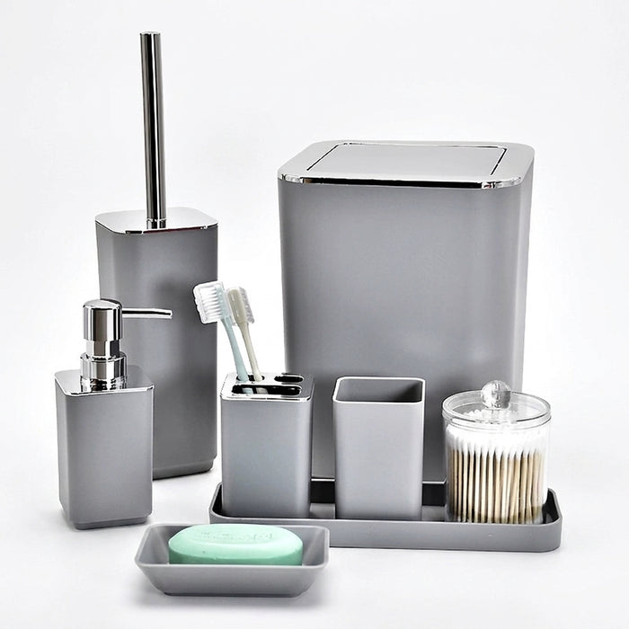 8‑Piece Bathroom Organiser Set — Soap Dispenser, Brush, Trash Can & Cup
